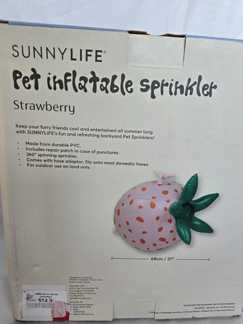 Sunnylife Strawberry Pet Inflatable Sprinkler - Pink